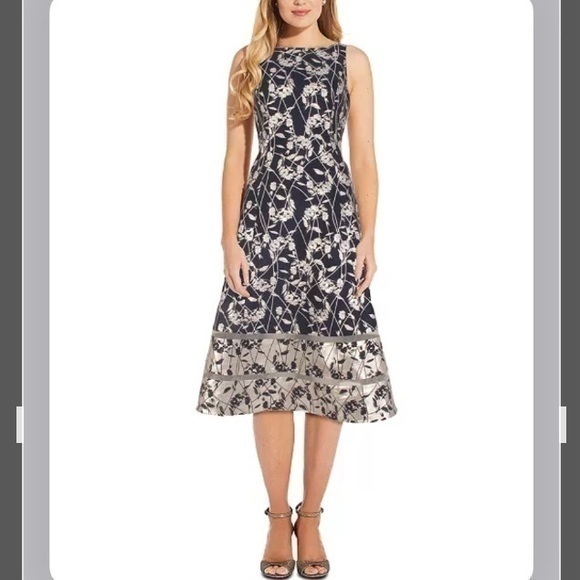 Adrianna Papell Dresses & Skirts - Adrianna Papell REVERSE Jacquard Midi Dress in Navy Blue / Silver